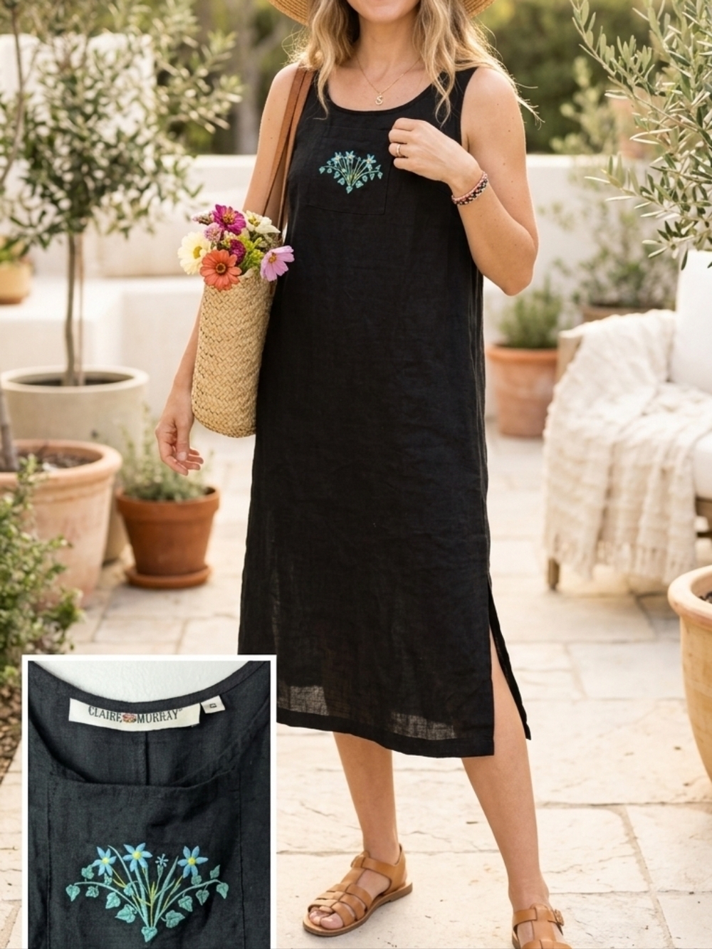 VTG Claire Murray Black Linen Embroidered Floral Midi Dress - Small - Made in US